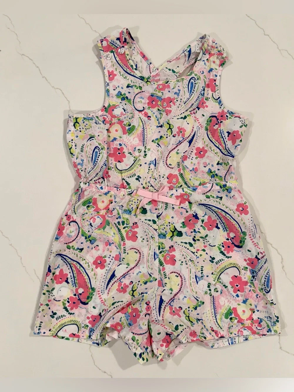 crown & ivy Kids Floral Paisley Romper in White, Pink & Green